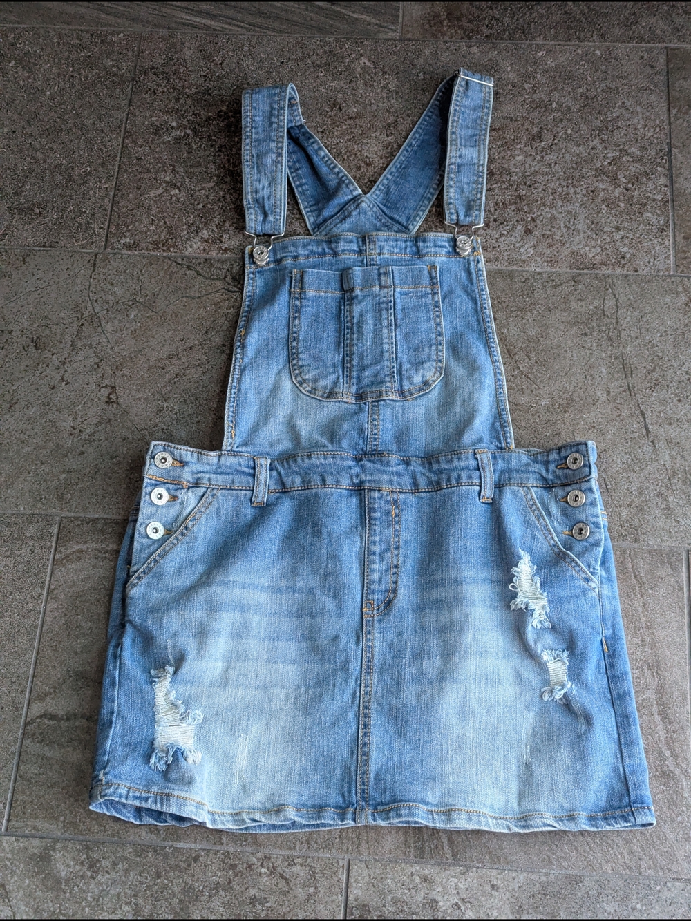 Tinseltown Light Blue Distressed Denim Overall Mini Skirt